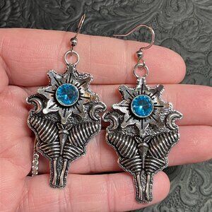 Blue Topaz Luna Moth Sun Crescent Moon Earrings